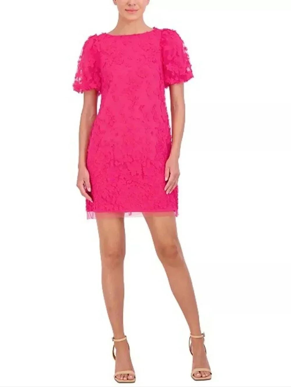 NWT Eliza J Pink 3D Floral-Appliquéd Puff-Sleeve Dress Size 2
